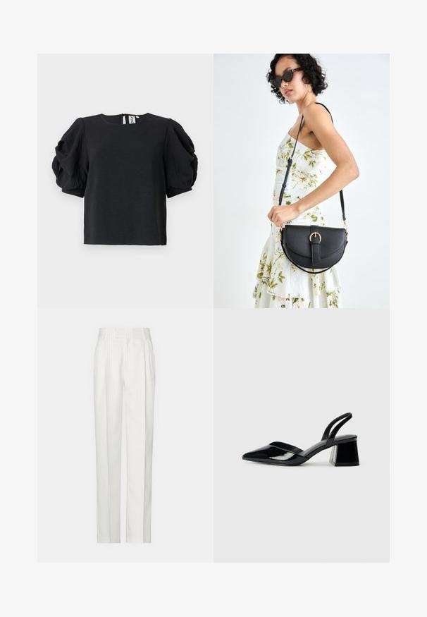 Top nero con finitura testurizzata, dotato di maniche a sbuffo e scollo rotondo. Chiusura sul retro con una piccola apertura a forma di chiave.; Pantaloni bianchi a righe sottili con un design a gamba dritta, realizzati in un tessuto leggero. Presentano pince sul davanti e una vita tradizionale.; Décolleté in vernice nera con punta affusolata e tacco in geometria cubica. Presentano un design elegante e minimalista, con una texture liscia.; Borsa a tracolla nera in pelle con una forma curva, manico rimovibile e accessori dorati. La borsa presenta una patta con un dettaglio a fibbia.