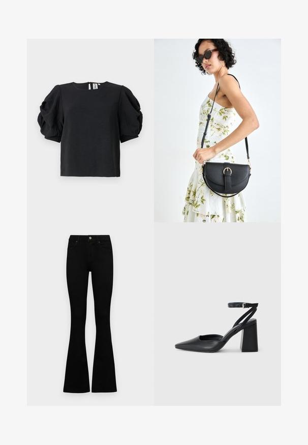 Črna majica z teksturiranim zaključkom, s napihnjenimi rokavi in okroglim izrezom. Zapiranje na hrbtni strani z majhno luknjo.; Črne visokotopne kavbojke z gumbom in zadrgo, sprednjimi žepi in razširjenimi hlačnicami, poleg bel background.; Črne usnjene klasične čevlje z ostrim nosom, z zaponko za gleženj in debelim peto. Ravna tekstura, eleganten dizajn in minimalistična estetika.; Črna usnjena torbica s ukrivljeno obliko, z odstranljivo naramnico in zlatimi dodatki. Torbica ima pokrov s podrobnostmi v obliki zaponke.