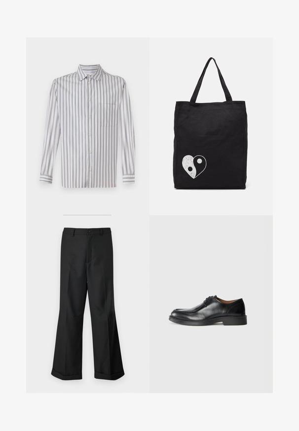 Gaiši pelēks pogājams krekls ar baltām vertikālām svītrām, garām piedurknēm, apkakli, vienu krūšu kabatu un smalku faktūru.; Melni plaši bikses ar pogājam jostu un apakšdaļu ar aprocēm, izliktas uz vienkārša balta fona.; Melna ādas kleitu kurpe ar apaļu purngalu, gludu virsmu, auklu akcentiem un zemu, strukturētu gumijas zoli. Tīras līnijas un minimālistisks dizains.; Melnā auduma soma, kurai ir balts yin-yang sirds dizains. Divas izturīgas rokas vieglai nēsāšanai. Vienkāršs taisnstūrveida dizains.