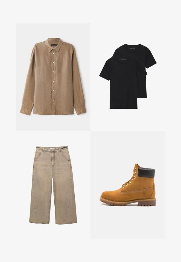 Brun langærmet skjorte i et let, tekstureret stof, med krave og knaplukning foran med kontrasterende knapper. Afslappet pasform.; To sorte bomulds t-shirts med korte ærmer, rund halsudskæring og en glat tekstur, vist stablet sammen.; PULL&BEAR MEGA BAGGY - Baggy jeans - light grey; Tan nubuck ankelstøvle med sort polstret krave, gyldne metaløjer, hvid syning detaljer og robust gummisål med udtalte slidbaner.
