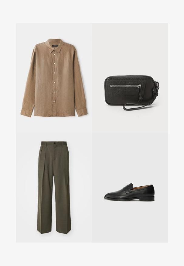 Hnedá košeľa s dlhým rukávom z ľahkej štruktúrovanej tkaniny, s golierom a gombíkmi vpredu s kontrastnými gombíkmi. Voľný strih.; Filippa K WIDE TROUSERS - Nohavice - driftwood; Čierne kožené mokasíny s okrúhlou špičkou, jemným prešitím a nízkym podpätkom, s hladkou textúrou a minimalistickým dizajnom.; Čierna kožená kabelka s textúrovaným povrchom, predná zipová vrecko a odnímateľný remienok na zápästie. Obsahuje logo nášivku na prednej strane. Obdĺžnikový tvar.