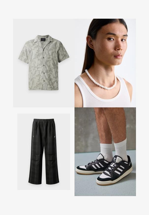 Camisa de manga curta cinza claro com padrões florais bordados, colarinho tipo camp e fecho frontal com botões cinza.; Calças pretas em padrão xadrez com cintura elástica, dois bolsos frontais e um ajuste solto com design de perna reta. Feitas de material leve.; Ténis em preto e branco com upper em camurça e couro, apresentando três riscas brancas, um toe perfurado e uma sola em borracha de goma.; Colar de conchas brancas composto por formas irregulares, usado sobre uma camisola justa branca. Textura suave com um brilho subtil, design justo.