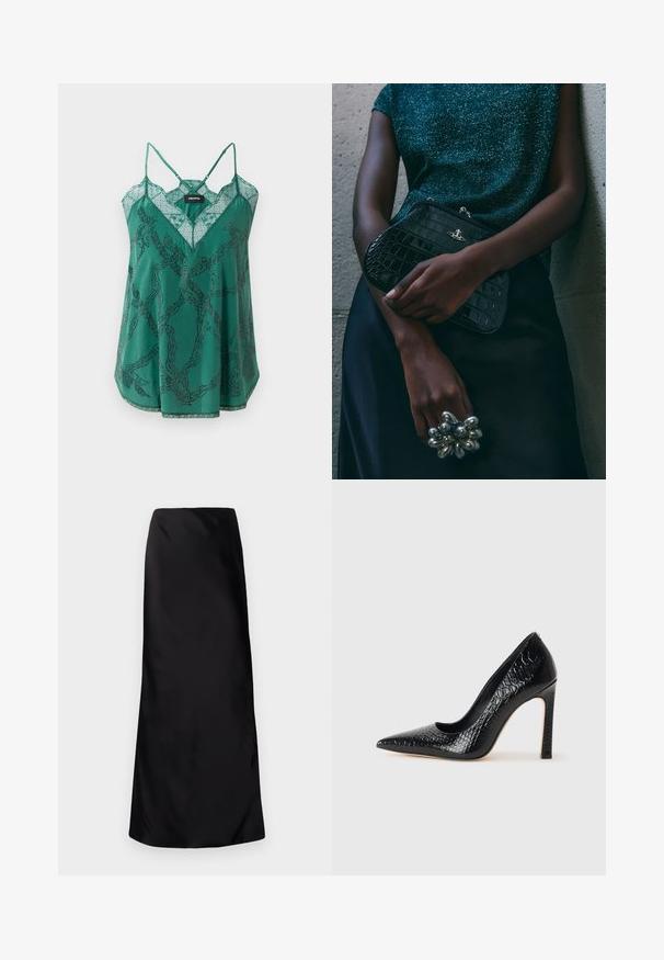 Camisole en satin vert avec un décolleté en V et des détails en dentelle. Présente un motif de chaînes avec des accents en perles et de fines bretelles réglables.; Norma Kamali BIAS OBIE SKIRT - Jupe longue - black; Escarpin noir à bout pointu avec texture en cuir de crocodile, présentant un design élégant, un haut talon aiguille et un intérieur noir lisse.; Sac à main en cuir noir à motif crocodile avec des finitions en métal argenté, posé sur un fond texturé gris. Présente une surface brillante.