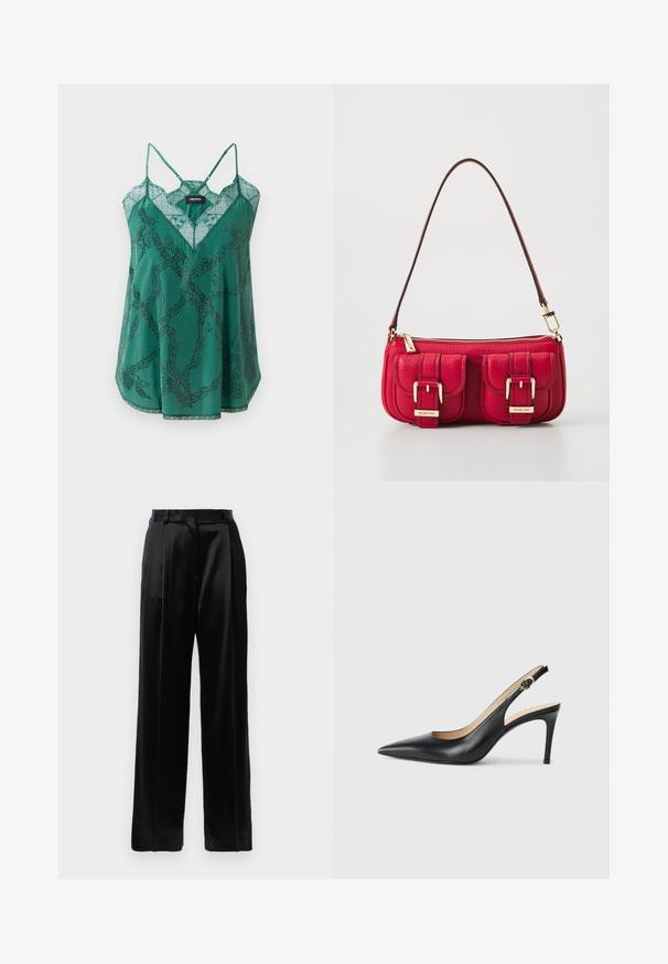 Camisole en satin vert avec un décolleté en V et des détails en dentelle. Présente un motif de chaînes avec des accents en perles et de fines bretelles réglables.; Pantalons en satin noir taille haute avec jambes larges droites, passants de ceinture et fermeture plates sur un fond blanc uni.; Escarpins en cuir noir avec une pointe fine, une bride ajustable et un talon aiguille élégant, présentant une finition lisse.; Sac en cuir rouge avec deux poches avant, quincaillerie dorée et fermeture éclair. Doté d'une bandoulière courbée et d'une finition texturée.