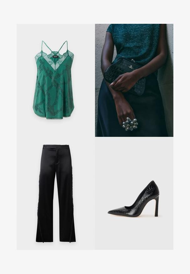 Camicetta in raso verde con scollatura a V e dettagli in pizzo. Caratterizzata da un motivo a catena con accenti di perline e sottili spalline regolabili.; Pantaloni in satin nero con gambe larghe, caratterizzati da dettagli in frange lungo le cuciture laterali e una cintura piatta in vita. Retro semplice senza tasche.; Scarpa nera con punta a punta alta in pelle di coccodrillo, caratterizzata da un design elegante, alto tacco a spillo e interno nero liscio.; Clutch bag nera con motivo coccodrillo e hardware argentato, appoggiata su uno sfondo grigio texture. Presenta una superficie lucida.