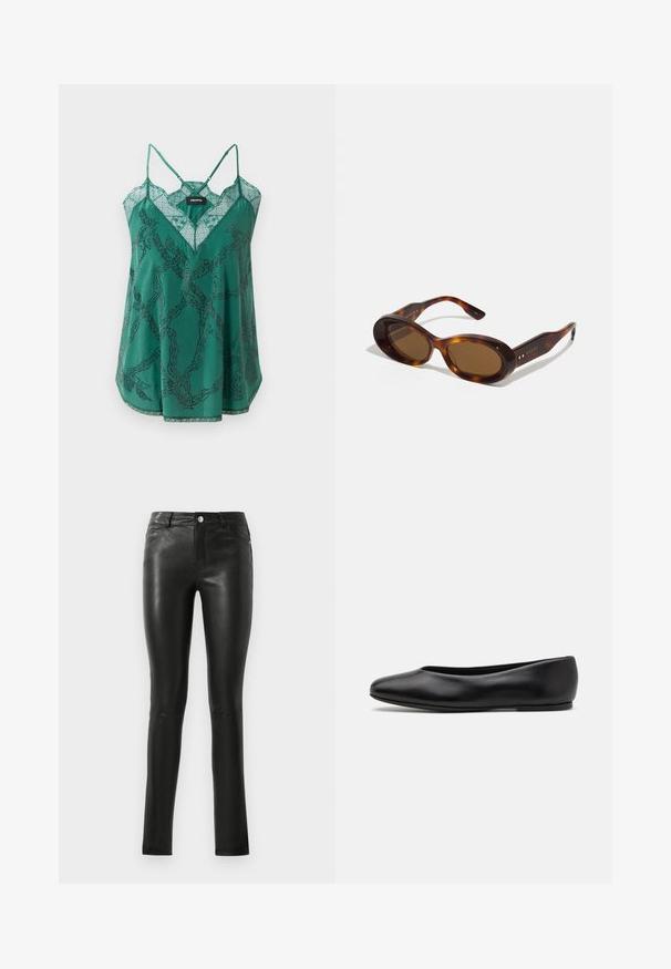 Green satin camisole with a V-neck and lace detailing. Features a chain pattern with beaded accents and thin adjustable straps.; Black leather pants with a fitted design, smooth texture, mid-rise waist, and subtle stitching details. Features front pockets and metal button.; Paul Smith TOPANGA - Ballet pumps - black; Tortoiseshell sunglasses with oval lenses, brown tint, and gold accents on the arms. Thick frames with a glossy finish and smooth texture.; Brown crocodile-embossed leather bag with a cylindrical shape, gold-tone hardware, and a detachable strap featuring studs.