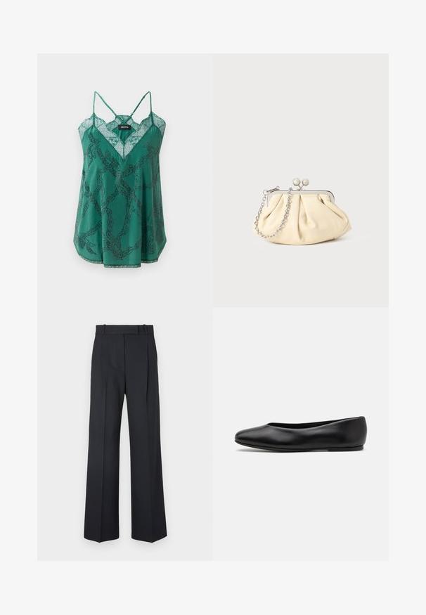 V-kauluksellinen vihreä satiinikamisoletti, jossa on pitsiyksityiskohtia. Siinä on ketjumainen kuvio helmikoristeilla ja ohuilla säädettävillä olkaimilla.; Tummansiniset raidalliset housut, joissa on korkea vyötärö, leveät lahkeet ja ei näkyviä metalliosia tai koristeita. Sileä pinta ja räätälöity istuvuus.; Paul Smith TOPANGA - Ballerinat - black; Beige nahkaista kassi, jossa on laskostus ja hopeinen metallirunko, kaksi pyöreää koristeellista solkea sekä hopeaketjuolkayh.