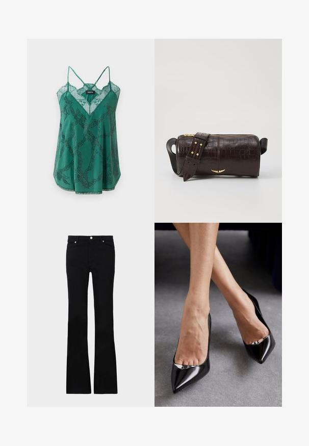 Camisolă verde din satin cu decolteu în V și detalii din dantelă. Prezintă un model cu lanț și accente cu mărgele, precum și bretele subțiri și ajustabile.; Blugi negri evazați din denim, care prezintă două buzunare frontale, o închidere cu buton și o textură netedă. Coaserea semnăturii vizibilă la cusături.; Pantofi negri din piele cu toc înalt, cu vârf ascuțit și design deschis, având un accent decorativ din argint. Textură netedă cu finisaj lucios.; Geantă din piele căptușită cu un model de crocodil de culoare maro, cu o formă cilindrică, accesorii de culoare aurie și un curea detasabilă cu tăieturi.