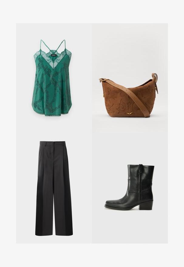 Green satin camisole with a V-neck and lace detailing. Features a chain pattern with beaded accents and thin adjustable straps.; Black wide-leg trousers with a high waist, featuring front pleats, a smooth texture, and a tailored finish. Designed for a relaxed fit.; Black leather ankle boot with a rounded toe, block heel, side zipper, and stitching accents on the vamp. Smooth texture, classic design.; Brown suede shoulder bag with embossed floral design, complemented by a smooth brown leather strap and gold-tone hardware accent.