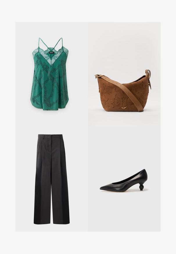 Grünes Satin-Camisole mit V-Ausschnitt und Spitzenverzierungen. Besitzt ein Kettenmuster mit Perlenakzenten und dünnen, verstellbaren Trägern.; Schwarze, weit geschnittene Hose mit hoher Taille, versehen mit Frontfalten, einer glatten Textur und einem maßgeschneiderten Finish. Entworfen für eine lockere Passform.; Schwarze Leder-Pumps mit spitzem Zehenbereich und runder, ballförmiger Ferse. Glatte Textur mit einem eleganten, minimalistischen Design.; Braune Wildleder-Schultertasche mit geprägtem floralen Design, ergänzt durch einen glatten braunen Ledertrageriemen und goldfarbenen Hardware-Akzenten.