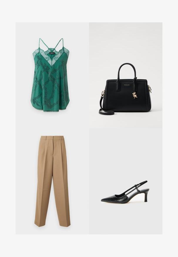 Camisole en satin vert avec un décolleté en V et des détails en dentelle. Présente un motif de chaînes avec des accents en perles et de fines bretelles réglables.; Pantalons beige ajustés avec une taille haute, une devant plissé et une coupe évasée. Le tissu semble lisse avec un léger éclat.; Escarpin slingback en vernis noir avec un bout pointu, présentant un imprimé serpent texturé, une sangle réglable et un petit talon bloc texturé.; Sac à main en cuir noir avec un design structuré, deux poignées supérieures, une bandoulière amovible, des accessoires en or et un pendentif avec le logo.