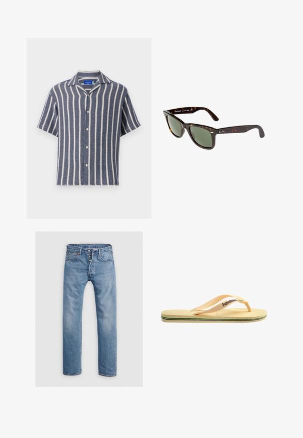 Maglietta a maniche corte di colore blu navy con strisce verticali bianche. Realizzata in tessuto testurizzato, presenta un colletto a rever e chiusura con bottoni.; Top senza maniche bianco realizzato in cotone a costine. Presenta un collo rotondo e una texture liscia. L'etichetta riporta "PULL&BEAR."; Jeans in denim blu chiaro con design a gamba dritta, cinque tasche e chiusura con bottone. Presentano un leggero sbiadimento e accenti di cucitura.; Infradito gialle in gomma con fondo testurizzato, strisce sottili e strisce multicolori lungo la suola. Logo del marchio sulla cinghia.; Occhiali da sole Wayfarer con montatura in plastica tartarugata scura, lenti verdi e logo Ray-Ban in argento sulla tempia.