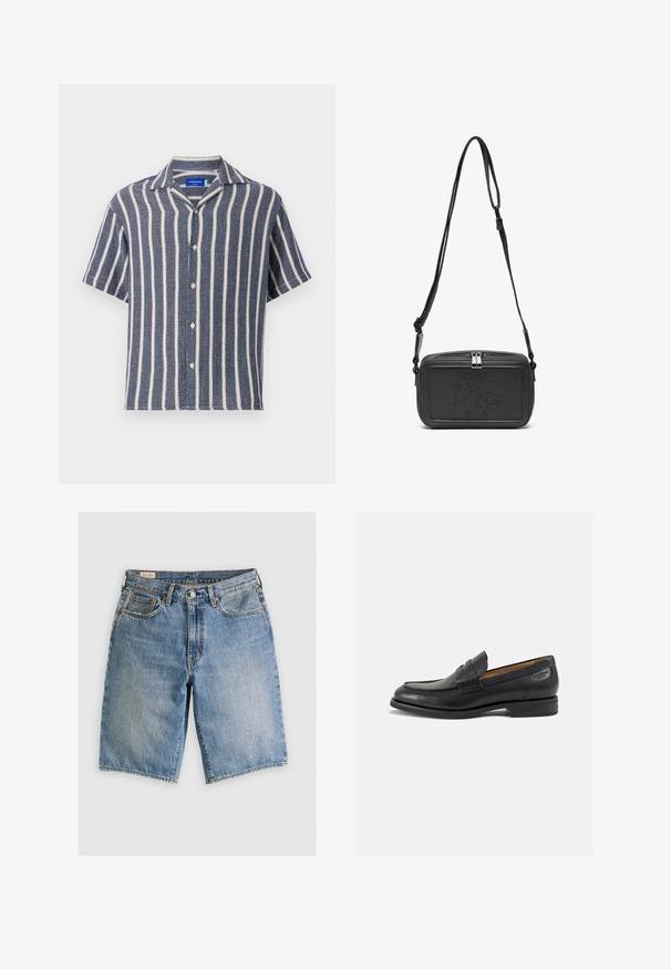 Maglietta a maniche corte di colore blu navy con strisce verticali bianche. Realizzata in tessuto testurizzato, presenta un colletto a rever e chiusura con bottoni.; Shorts in denim azzurro chiaro con taglio classico. Presentano cinque tasche, dettagli di cucitura arancione e orli a taglio vivo.; Mocassini in pelle nera con finitura liscia, punta arrotondata e cuciture decorative sulla tomaia. Tacco basso impilato e leggero lucido.; Borsa a tracolla nera in pelle con chiusura zip, logo impresso sul davanti e tracolla regolabile. Texture liscia con forma rettangolare.