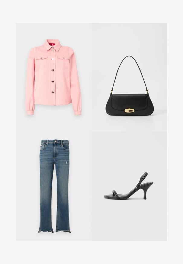 Šviesiai rožinė džinsinė striukė su ilgomis rankovėmis, smailiu apykakle, dviem krūtinės kišenėmis ir sidabriniais snapeliais priekyje. Minkšta tekstūra.; Mėlyni džinsai, pagaminti iš džiuto audinio, su šiek tiek dėvėjimosi požymių, neapdorotais sukirptais kraštais, priekinėmis kišenėmis, diržo kilpelėmis ir segimi mygtuku.; Juodos odinės aukštakulnės šlepetės su plonu, kreiviu kulnu ir kryžminiu dirželio dizainu. Reguliuojamas kulkšnies dirželis. Lygus paviršius.; Juodas odinis rankinės su išlenktu dizainu, auksinių atspalvių furnitūra ir viršutine rankena. Savybės - stilingas uždarymas ir glotni tekstūra.