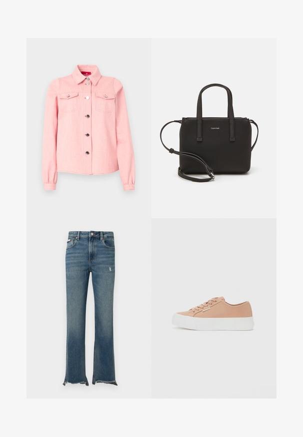 Světle růžová džínová bunda s dlouhými rukávy, špičatým límcem, dvěma náprsními kapsami a stříbrnými patentkami vpředu. Měkčená textura.; Modré džíny z denimu s mírným opráním, neupravenými třepenými lemy, předními kapsami, poutky na opasek a zapínáním na knoflík.; Nízké pastelově růžové tenisky s šněrováním vpředu, bílé platformové podrážky a malou kovovou visačkou po straně.; Černá kabelka s dvojitými krátkými uchy a odnímatelným ramenním popruhem. Hladký koženkový materiál s uzávěrem na zip a detailem loga.
