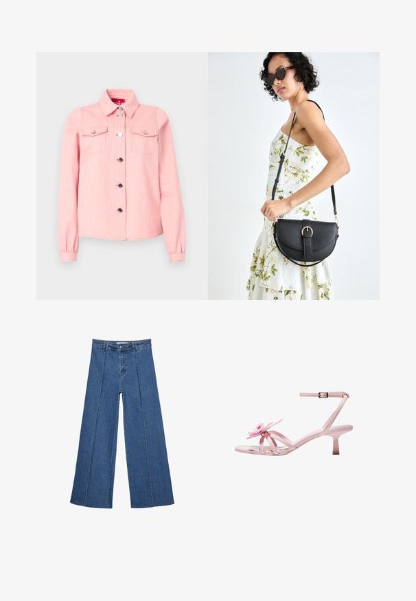 Světle růžová džínová bunda s dlouhými rukávy, špičatým límcem, dvěma náprsními kapsami a stříbrnými patentkami vpředu. Měkčená textura.; Džíny s širokými nohavicemi v středně modré barvě, se zvýšeným pasem, knoflíkovým zapínáním a kontrastními vertikálními švy vpředu.; Růžové lakované sandály na podpatku s květinovým akcentem na špičce, s nastavitelným páskem kolem kotníku a štíhlým, nízkým podpatkem.; Černá kožená kabelka s křivkovým tvarem, odnímatelným popruhem a zlatými detaily. Kabelka má klopu s přezkou.