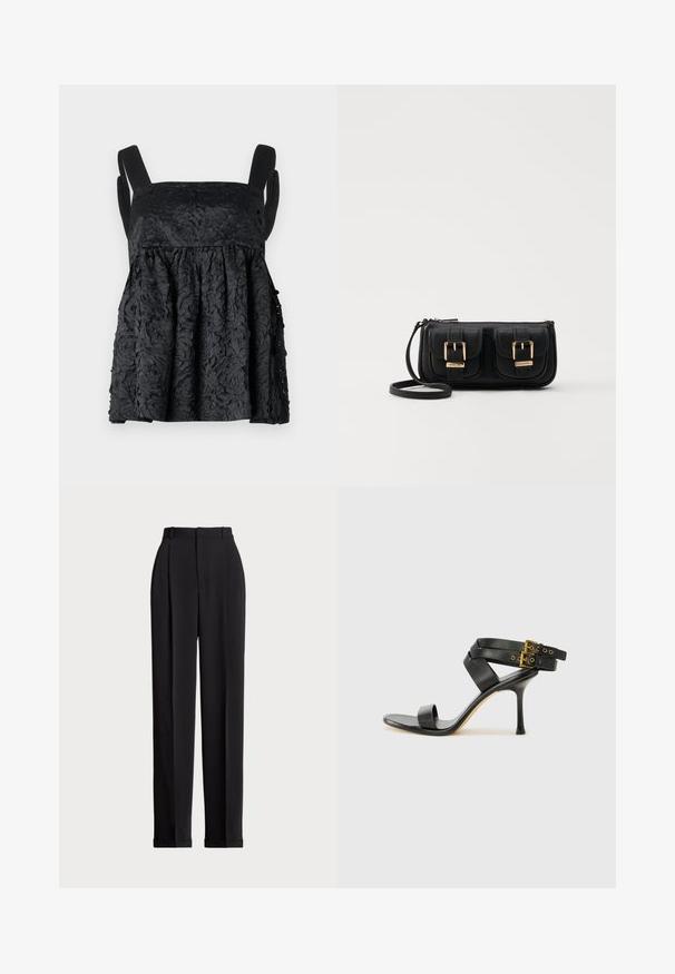 Juodas be rankovių marškinėlis, pagamintas iš tekstūruoto audinio su iškiliais gėlių raštais. Laidus kirpimas su susirinkusia juosmena ir plačiomis petnešomis.; Juodos pritaikytos kelnės su aukštu liemeniu, su klostėmis priekyje, tiesaus kirpimo ir užlenktais kraštais. Pagamintos iš lygaus audinio.; Juodi kulniškų sandalai su kryžminėmis juostelėmis ir reguliuojamu sagtimi. Ypatybė – lygus paviršius ir siauras smailas kulnas.; Juodas odinis per petį nešiojamas krepšys su dviem priekiniais kišenėmis, auksiniais sagtimis, užtrauktuko uždarymu ir siauromis petnešomis. Textūruota paviršius ir kompaktiškas stačiakampis formatas.