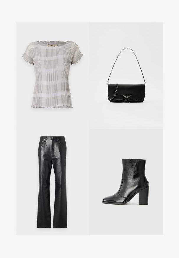 Světle šedý krátký rukáv top s texturovaným pruhovaným vzorem. Jemná, průhledná tkanina s výstřihem do kruhu a volánkovým lemem.; Černé kožené kalhoty s hladkou texturou, s rozšířenými nohavicemi, předním zipem a poutky na pásek. Obsahují jemné švy jako akcent.; Černé kožené kotníkové boty s hladkou texturou, špičatou špičkou a robustním vysokým podpatkem. Mají boční otvor a minimalistický design.; Černá kožená kabelka se stříbrným řetízkovým popruhem, zdobená dekorativními křídly a bílým prošíváním podél spodního švu.