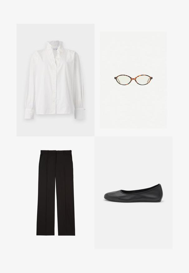 Biela bavlnená blúzka s volánovým golierom, dlhými nadýchanými rukávmi a gombíkovým zapínaním s gombíkmi podobnými perlám.; Čierne oblekové nohavice z hladkej látky, s rovnými nohavicami a dvoma bočnými vreckami. Elegantná a minimalisticá konštrukcia.; Čierne kožené baleríny s okrúhlou špičkou, hladkým povrchom, minimálnym prešívaním a flexibilným dizajnom podrážky.; Korytnačkové okuliare s oválnymi šošovkami a hladkým, lesklým povrchom. Majú tenké strany s jemným zakrivením na spánkoch. Priehľadné šošovky.
