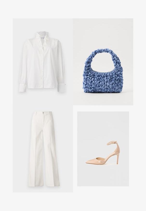 Biela bavlnená blúzka s volánovým golierom, dlhými nadýchanými rukávmi a gombíkovým zapínaním s gombíkmi podobnými perlám.; Biele široké nohavice vyrobené z bavlny s hladkou textúrou. Obsahujú predný gombík, zips a dizajn so štyrmi vreckami.; Naha lesklá kožená topánka s ostrou špičkou a remienkom okolo členka, s ihlovým podpätkom, s hladkým povrchom a minimalistickým dizajnom.; Modrá látková kabelka s nahrnovanou textúrou a hrubým, volánovým uchom. Má jemné pruhované vzory po celom povrchu. Kompaktný obdĺžnikový tvar.