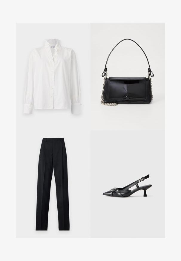White cotton blouse with a ruffled collar, long puffed sleeves, and a button-down front featuring pearl-like buttons.; Black trousers made from smooth fabric featuring a high waist, wide legs, front pleats, and classic belt loops. No side pockets visible.; Black leather slingback shoe with a pointed toe, decorative straps featuring metal eyelets, and a low block heel. Textured surface.; Black patent leather handbag with a rectangular shape, chain strap, and a distinctive hardware accent in the center. Smooth texture.