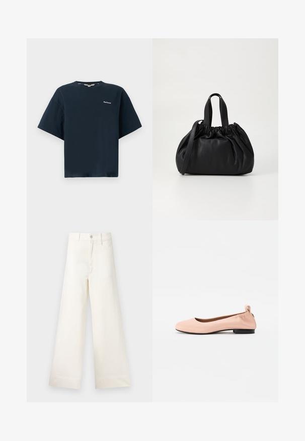 Námořnická modrá bavlněná tričko s krátkými rukávy, kulatým výstřihem a malým bílým logem "Barbour" na levé části hrudi. Klasický, boxy střih.; Kalhoty s širokými nohavicemi v světle béžové bavlně. Mají vysoký pas, přední kapsy a rovný střih. Čistý lem bez vzorů.; Bledě růžové baletní byty vyrobené z hladkého materiálu, s kulatou špičkou, flexibilní zadní částí a malým černým podpatkem.; Černá kožená kabelka s designem staženého vršku, která má dvě krátké ucha a dlouhý nastavitelný popruh. Hladký povrch, zaoblený tvar.