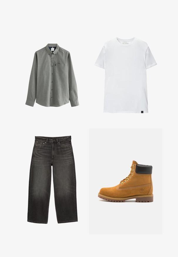 Graues Langarmhemd mit Knopfkragen, Brusttasche und kontrastierendem Innenkragenmuster. Glatte Textur, klassischer Schnitt.; Weißes Muskel-fitt T-Shirt aus Baumwolle. Rundhals, kurze Ärmel, glatte Textur. Kleines schwarzes Logo-Tag am Saum. Schlichtes Design.; Schwarze weit geschnittene Denim-Jeans mit Fronttaschen, Gürtelschlaufen und Knopfverschluss, die subtile Verblassungen und Waschungen aufweisen.; Beige Wildleder-Ankle-Boot mit schwarzem gepolstertem Kragen, goldenen Metallösen, weißen Nähdetalben und einer robusten Gummisohle mit ausgeprägtem Profil.