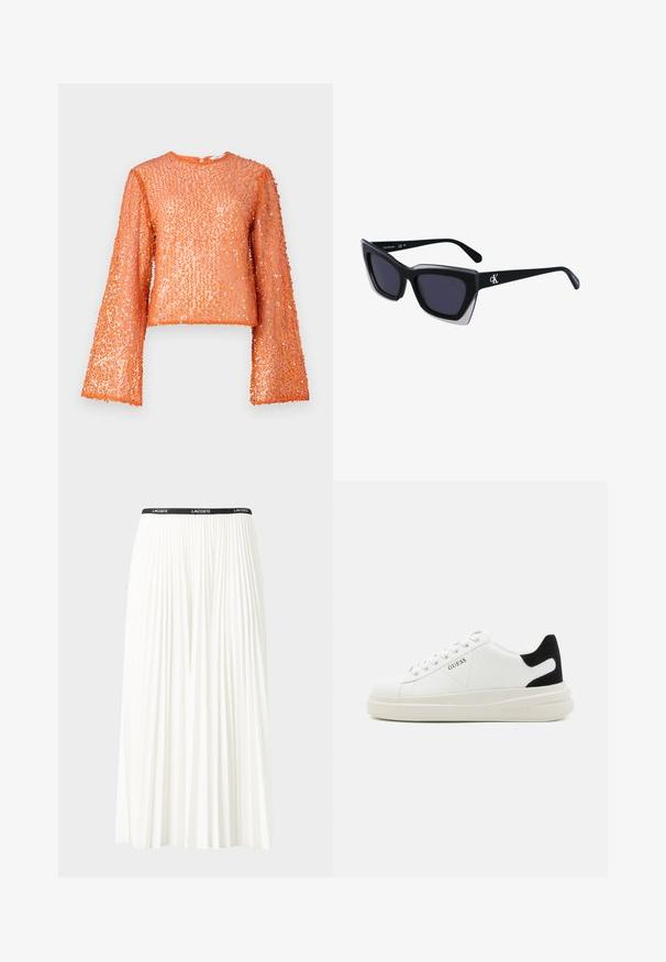 Oranje pailletten top met lange flared mouwen, ronde hals en een gestructureerde oppervlakte van elkaar overlappende pailletten, met een subtiele glans.; Plisséminirok in het wit met een zwarte elastische tailleband met het "LACOSTE"-logo. Middellange ontwerp met een zachte textuur.; Witte leren sneakers met een dikke witte zool, zwarte suède hielaccent en een geperst logo op de zijkant. Vetersluiting met zes oogjes.; Zwarte oversized zonnebril met een geometrische vorm, voorzien van donkere glazen en een contrasterend grijs detail op het montuur. Logo op de arm.