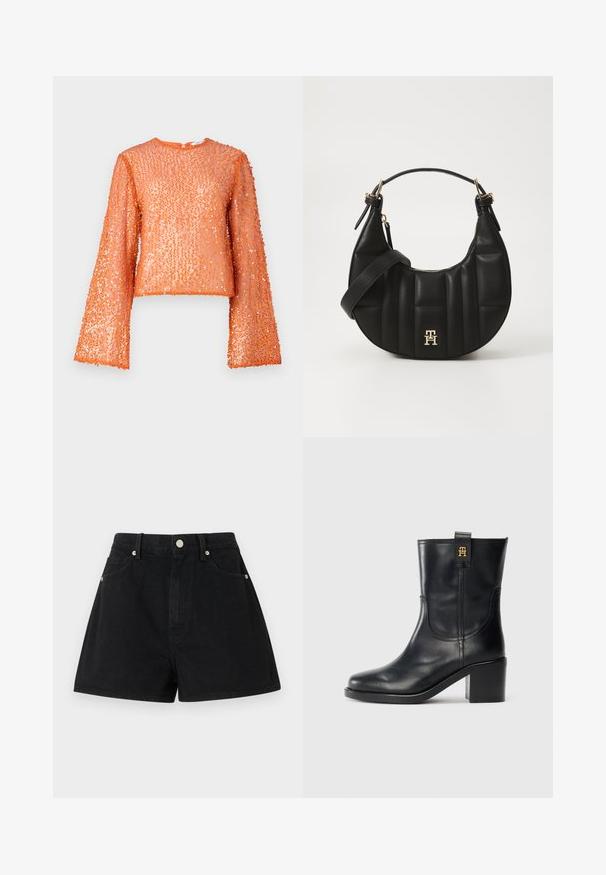 Top orange à sequins avec de longues manches évasées, col rond, et une surface texturée due aux sequins superposés, présentant un éclat subtil.; Shorts en denim noir taille haute, cinq poches, accessoires en métal argenté et coupe standard, présentant une texture lisse et des finitions soignées.; Botte en cuir noir mi-mollet avec talon bloc et logo "TH" doré sur la languette, sur fond blanc.; Sac à main en cuir noir avec une forme incurvée, texture matelassée et quincaillerie dorée. Dispose d'une bandoulière amovible et d'un détail de logo.