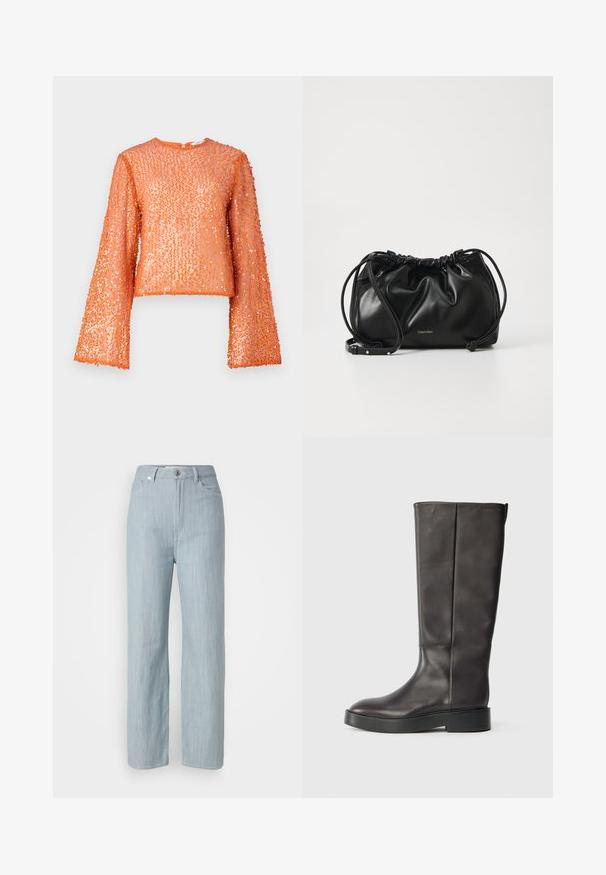 Orange sequined top with long flared sleeves, round neck, and a textured surface from overlapping sequins, featuring a subtle sheen.; Light blue straight-leg jeans made of denim. Features five pockets, a metal button closure, and subtle whiskering for texture.; Black knee-high leather boot with thick sole and subtle Calvin Klein logo near the top edge, shown from the side.; Black leather handbag with gathered design, dual drawstring closure, and detachable shoulder strap. Features metallic logo detail.