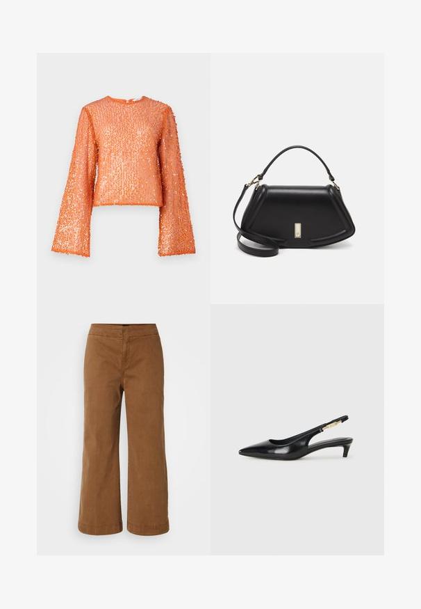 Pomarańczowa bluzka z cekinami, z długimi, rozszerzającymi się rękawami, okrągłym dekoltem i teksturowaną powierzchnią z nakładających się cekinów, charakteryzująca się subtelnym połyskiem.; Brązowe szerokie spodnie wykonane z miękkiego materiału o gładkiej fakturze, z wysokim stanem i przeszyciami.; Czarne skórzane szpilki typu slingback z ostrym noskiem, posiadające smukły obcas i złoty akcent na regulowanym pasku. Gładka tekstura.; Czarna skórzana torebka o strukturalnym designie, z przyciętą formą, górnym uchwytem i złotymi akcentami. W zestawie regulowany pasek na ramię.
