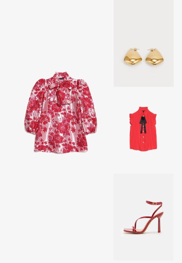 Červená blůza s krátkým rukávem a vysokým límcem, ruffle na okrajích, zapínání na knoflíky vpředu a černá látková růže jako akcent na krku.; Červená květinová halenka s nabíranými rukávy, vysokým límcem a detailem mašle. Vyrobená z lesklé látky se vzorem velkých květin na růžovém pozadí.; ALDO SCINTILLA - Sandály na vysokém podpatku - red; Červená kožená taška na rameno s hladkým povrchem, zakřiveným designem a dekorativní sponou. Nastavitelný popruh a zipové zapínání.; Náušnice z kovu ve zlatém tónu s hladkým, zaobleným trojúhelníkovým tvarem a designem na zadní upevnění; lesklý povrch s minimálními detaily.