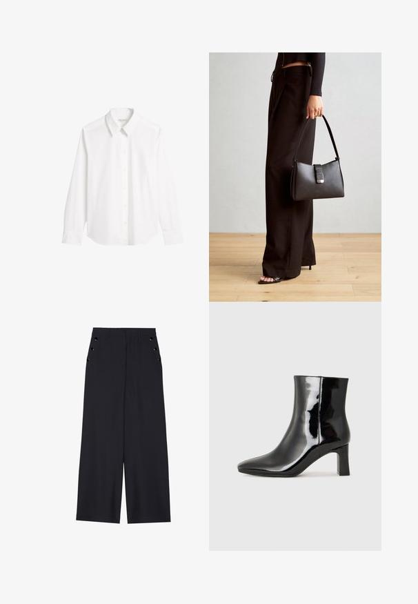 Witte lange mouwen blouse van glad katoen. Heeft een puntige kraag, knoopsluiting en een afgeronde zoom met knoopmanchetten.; Zwarte wijde broek in donkerblauw materiaal, met een gladde textuur, voorplooien en decoratieve goudkleurige ogen op de zijzakken.; Zwarte gepolijste leren enkellaars met een spitse neus en een blokhak van gemiddelde hoogte. Glad textuur en minimalistisch ontwerp.; Zwarte handtas met gestructureerde vorm, gladde textuur en een metalen sluiting. Gecombineerd met brede zwarte broeken en sandalen met open teen op een houten vloer.