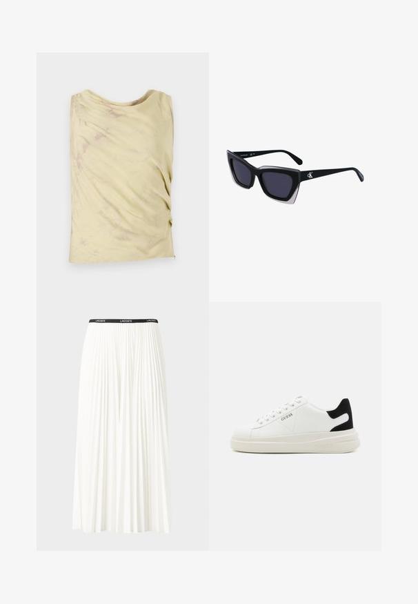 Kergelt kollane varrukateta topp, millel on volditud disain ja peen marjavljähedus. Omab mugavat lõiget ja ümarat kaelust.; Kurtitudega valge seelik musta elastse vööga, millel on "LACOSTE" logo. Keskmise pikkusega disain pehme tekstuuriga.; Valged nahast tennisetossud paksu valge tallaga, musta sametist kontsakeeuga ja külje peal riigilogo reljeefne kujundus. Lukkeskeem kuue silmaauguga.; Mustad suured mustad prillid geomeetrilise kujuga, tumedate läätsedega ja kontrastse halli detailiga raamidel. Logo käe peal.