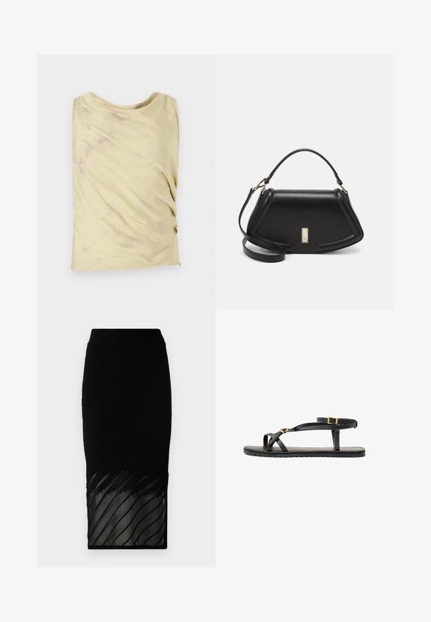 Lys gul ærmeløs top med draperet design og subtil marmorering. Har en afslappet pasform og rund halsudskæring.; Sort nederdel med ribbet tekstur, der har en gennemsigtig bund med vandrette striber. Designet er tætsiddende og strækker sig til midt på læggen.; Sorte lædersandaler med tynde stropper og en spændet ankelrem. Flad sål med en tekstureret overflade og zigzag kant. Minimalistisk design.; Sort læderhåndtaske med en struktureret design, der har en kortet form, tophåndtag og guld hardware-accenter. Justerbar skulderrem inkluderet.