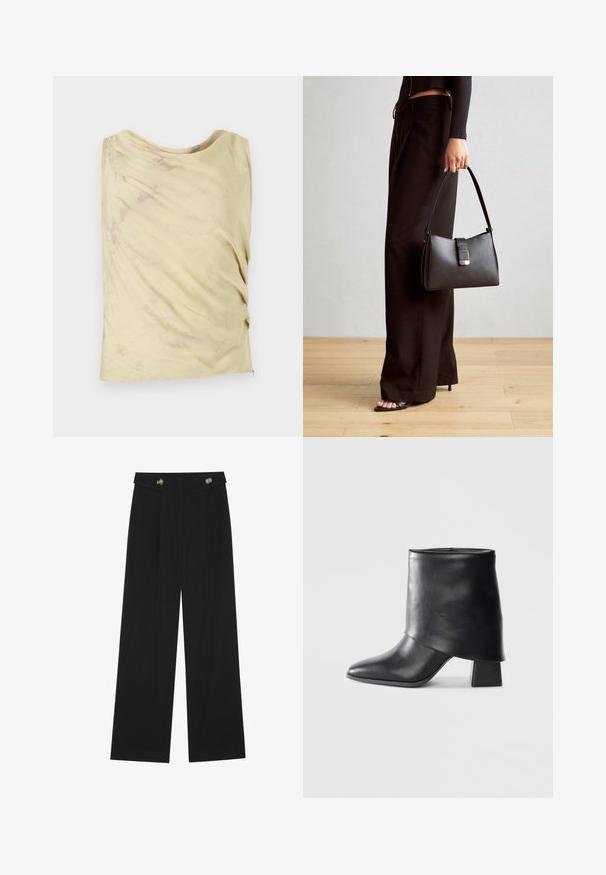 Világos sárga ujjatlan felső, drapírozott dizájnnal és finom márványos textúrával. Kényelmes fazon és kerek nyakkivágás jellemzi.; Fekete, bő szárú nadrág magas derékkal, gombos részletekkel a derékrészen és elülső pliszékkal.; Fekete bőr bokacsizma, hegyes orral, sima felülettel és strukturált blokk sarokkal. Magas, hajtott szegéllyel rendelkezik.; Fekete kézi táska strukturált formával, sima textúrával és fémből készült záródással. Széles fekete nadrággal és nyitott orrú szandállal párosítva, fából készült padlón.