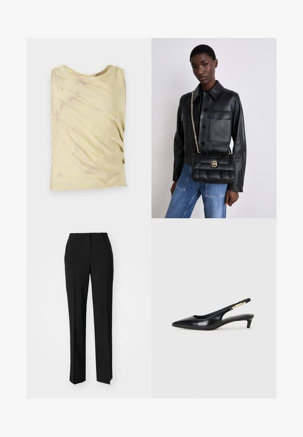 Light yellow sleeveless top with a draped design and subtle marbled texture. Features a relaxed fit and rounded neckline.; Black tailored trousers with a straight-leg design, featuring a smooth texture and crisp creases along the front. No visible hardware.; Black leather slingback heels with a pointed toe, featuring a slim heel and a gold-tone accent on the adjustable strap. Smooth texture.; Black leather jacket with button closure and two front pockets, paired with a black quilted handbag featuring a gold clasp and chain strap.