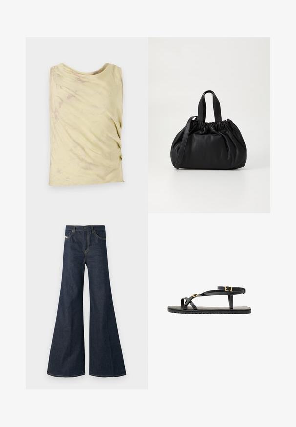 Helles gelbes ärmelloses Top mit einem drapierten Design und subtiler marmorierter Textur. Verfügt über eine entspannte Passform und einen abgerundeten Ausschnitt.; Dunkelblaue ausgestellte Jeans aus Denim, mit hohem Bund, goldenen Nähakzenten und zwei Fronttaschen mit Knopfverschluss.; Schwarze Ledersandalen mit dünnen Riemen und einem geschnallten Knöchelriemen. Flache Sohle mit texturiertem Finish und Zickzackkante. Minimalistisches Design.; Schwarze Lederhandtasche mit einem gerafften Oberteil, ausgestattet mit zwei kurzen Griffen und einem langen verstellbaren Schulterriemen. Glatte Textur, runde Form.