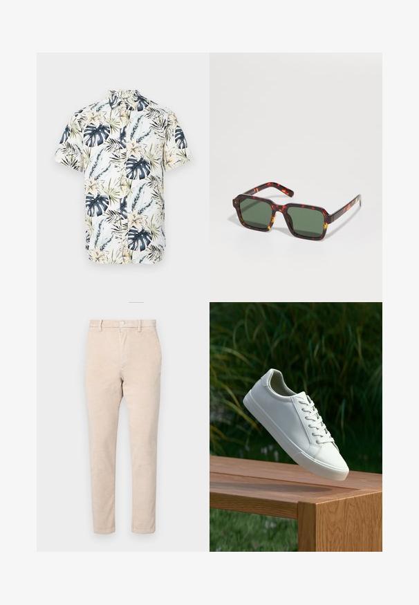 Lühikeste varrukatega särk, millel on valge alus ja troopiline mustriline kujundus, kus on sinised ja rohelised lehed, kollased lilled ning nööpidega eesmine osa.; Beežid pitsiääred püksid sirge lõikega, millel on nupuga sulgemine, vöölukud ja peen tuulepuhundamine.; Valged nööpidega ketsid, mis hõljuvad puidust pingil rohelise lehestiku taustal, näidates uue disaini ja tekstuuri.; Kilpkonnakilbi prillid ruudukujuliste raamidega, rohelise tooniga läätsed ja kontrastsed oranžid aktsendid käte servades.