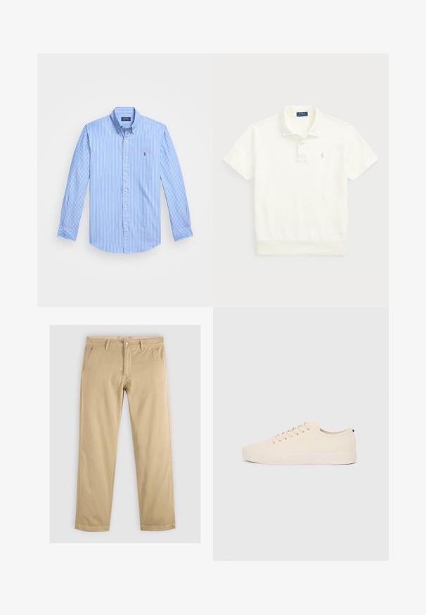 Kék és fehér csíkos, hosszú ujjú gombos ing, hegyes gallérral és logóval a mellkason. Pamut szövet sima tapintással.; Polo Ralph Lauren LOOPBACK FLEECE POLO-COLLAR SWEATSHIRT - Pólóing - clubhouse cream; Khaki chino nadrág egyenes szárakkal, két elülső zsebbel és övhurkos derékkal. Puha, tartós pamutszövetből készült.; Beige vászon sportcipők, kerek orral, lapos gumi talppal és fűzős elejével. Minimális dizájnnal rendelkezik, és kontrasztos fekete akcentussal a saroknál.