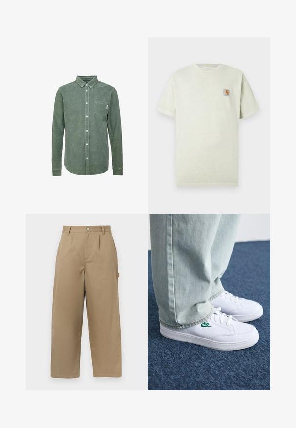 Grön manchestert skjorta med krage, långa ärmar, en ficka på vänster bröst och vita knappar. Texturerad finish.; Ljusgrön bomullströja med korta ärmar, rund halsringning och en liten fyrkantig applikation med en logotyp på vänster bröst. Mjuk textur.; Beige vida byxor i bomullsblandning, med hög midja, framveck, och två sidofickor med knappstängning.; Vita lädersneakers med grön Nike-logga, rund tå, platt sula, kombinerade med ljusblå denimbyxor, visade på en blå matta.
