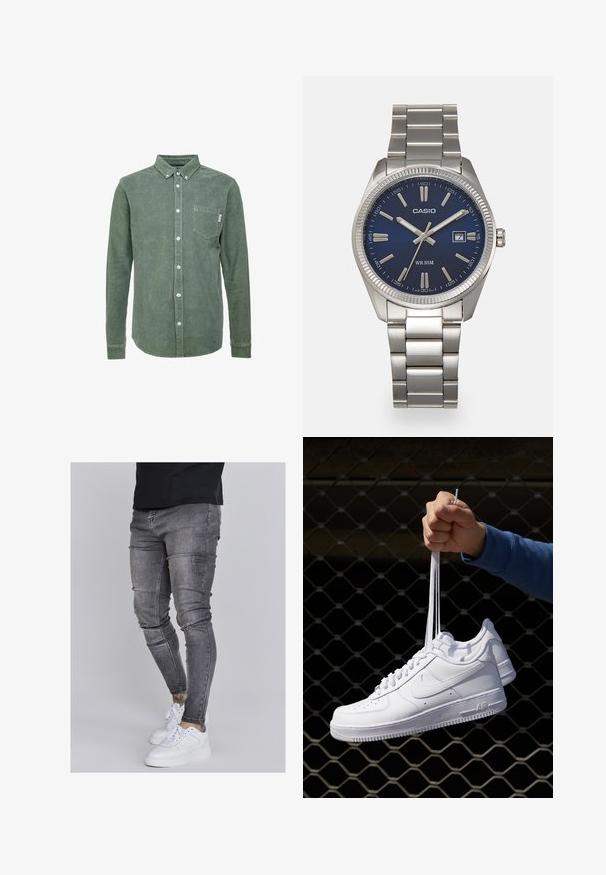 Grön manchestert skjorta med krage, långa ärmar, en ficka på vänster bröst och vita knappar. Texturerad finish.; Smala jeans i blekt grå denim, med slitna detaljer vid knäna, kombinerat med vita sneakers. Slät struktur, slim fit-design.; Vita lädersneakers med perforeringar, rund tå, platt sula och tjocka snörning, med en synlig swoosh-logga och "AIR" på hälen.; Snygg klocka i silverfärgad rostfritt stål med en marinblå urtavla, metalliska timmarkörer och en datummarkering vid klockan tre. Vattentålig ner till 50 meter.