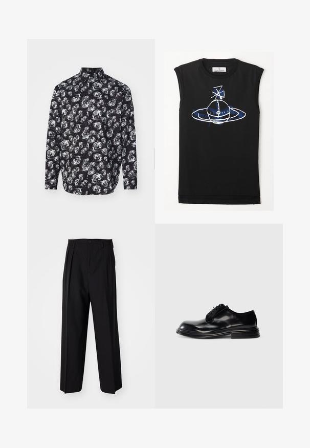 Black long-sleeve shirt featuring a white rose pattern, collared neck, and button-down front. Made from lightweight fabric with a smooth texture.; Black sleeveless top featuring a blue and white graphic design of a planet-like figure with rings and satellite elements. Soft cotton material.; Black pleated trousers with a straight, wide-leg design. Made from smooth fabric, featuring a button closure and belt loops.; Black leather dress shoe with a rounded toe, smooth finish, lace-up design, and a stacked heel. Minimalist style with no visible logos.