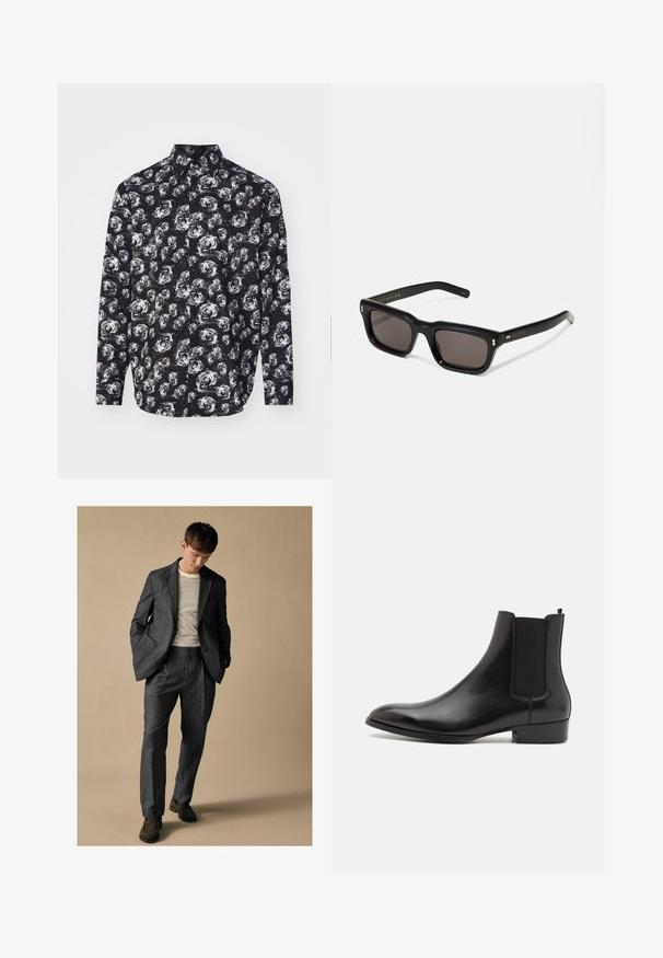Sort langærmet skjorte med et mønster af hvide roser, krave og knaplukning foran. Fremstillet af letvægtsstof med en glat tekstur.; Grå skræddersyet jakkesæt med klaplapeller og frontlommer, suppleret med en stribet skjorte. Bukserne har en afslappet pasform og pressede folder. Brune sko.; ALDO BERT - Støvletter - black; Sorte rektangulære solbriller med mørke glas, tyk plastisk ramme, guldtryk på stængerne og brandlogo indgraveret på armen.