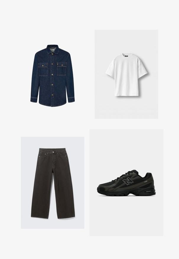 Tume sinine denim-jakk pikkade varrukatega, kahe rinna tasku ja nööpidega ees. Omab kontrastset õmblust ja kraed.; Valge puuvillane T-särk lühikeste varrukatega, ümmarguse kaelusega ja lõdva lõikega. Sile tekstuur, ilma mustrite ja aktsentideta.; Laiad mustad teksad omavad kõrge vöökoha, viit taskut ja nööbiga sulgemist. Kangas on pehme ja tekstuuriga viimistlusega.; Mustad mustreda spordijalatsid tekstuurse sünteetilise pealmise osaga, millel on pehme tallaga ja silmatorkav "N" logo küljel. Disain sisaldab kergeid võrkkosid.