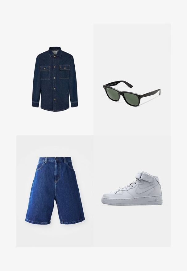 Donkerblauwe denimjas met lange mouwen, twee borstzakken en knoopsluiting. Voorzien van contrasterende stiksels en een kraag.; Denim shorts met een blauwe wassing, met een hoge taille, twee zakken aan de voorkant en gele stiksels langs de naden.; Grijze Nike Air Force 1 sneakers met hoge bovenkant, leren bovenwerk, gewatteerde kraag en een klittenbandsluiting. Iconisch ontwerp met geperforeerde toe box.; Zwarte plastic zonnebril met groene lenzen, vierkante montuur, zilveren accent op de wenkbrauw en een gestructureerde tempel. Merken vermeld op de binnenkant van de arm.
