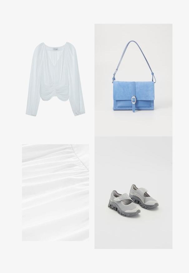 Blusa bianca a maniche lunghe con scollatura a V, texture plissettata, dettagli gathered in vita e polsini elasticizzati. Etichetta del marchio visibile all'interno.; Top azzurro chiaro a maniche corte con colletto alto, design aderente, dettagli arricciati sulle spalle e zip nascosta sul retro.; Tessuto bianco con morbida caduta e texture plissettata, caratterizzato da un materiale leggero e liscio in una presentazione pulita e nitida.; Scarpe leggere grigie con tomaia in rete e suola intermedia ammortizzata. Presentano una fascia con chiusura a strappo e punta rotonda con design della suola perforato.; Borsa a tracolla blu in suede con base in pelle liscia, pattina pieghevole, dettaglio in fibbia argentata e lunga tracolla regolabile.; Collana con ciondolo a forma di cuore in argento, decorata con incisioni ornate, sospesa con una fine catena, caratterizzata da una finitura metallica lucida.