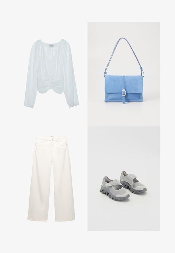 Fehér, hosszú ujjú blúz V-nyakkal, pliszírozott textúrával, ráncolt részletekkel a dereknál, és rugalmas mandzsettával. Márkacímke látható belül.; Világoskék, rövid ujjas felső, magas gallérral, testhezálló szabással, vállnál gyűrődő részletekkel és rejtett hátsó cipzárral.; Fehér, bő szárú farmersnadrág, magas derekú, elülső zsebekkel és fémből készült gomb- és cipzárzárral.; Szürke, könnyű cipők hálós felsőrésszel és párnázott középtalppal. Jellemzője a tépőzáras pánt és a lekerekített orr, amely kivágott talpdesignt tartalmaz.; Kék velúr kézitáska sima bőr alaprésszel, hajtogatott fedéllel, ezüst csattal, és hosszú, állítható pánttal.; Ezüst szív alakú medál nyaklánc, díszes gravírozással, egy vékony láncon felfüggesztve, fényes fémtelítményű kivitelben.