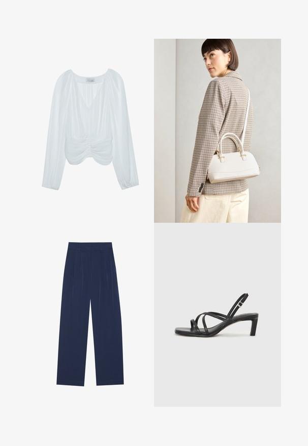 Hvid langærmet bluse med V-hals, plisseret struktur, samlede detaljer ved taljen og elastiske manchetter. Mærket synligt indeni.; Marineblå bredbenede bukser lavet af blød stof, med frontfolder, en glat tekstur og en lige pasform uden synlige lommer.; Sort remsandale med firkantet tå og en lav blokeret hæl. Har flere tynde stropper og en justerbar ankelrem. Fremstillet af glat læder.; Hvid struktureret taske med korte håndtag og en skulderrem, prydet med guldfarvede hardwaredetaljer og tekstureret materiale, præsenteret mod en grå baggrund.