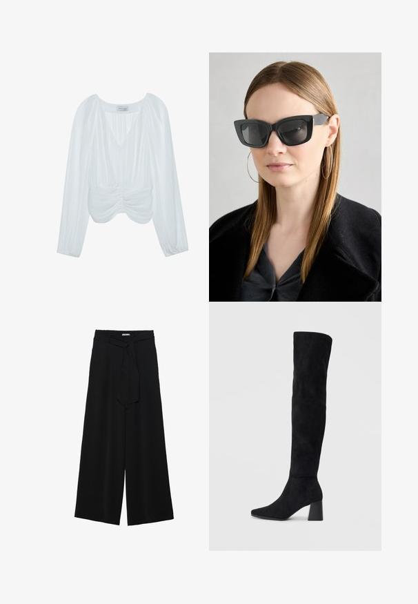 Hvid langærmet bluse med V-hals, plisseret struktur, samlede detaljer ved taljen og elastiske manchetter. Mærket synligt indeni.; Sorte vide bukser i en tekstureret stofkvalitet, med elastisk talje og et aftageligt bånd i taljen for justerbar pasform.; Sorte ruskind støvler i knæhøjde med blokheel, spids tå og glat, sømløs design på en enkel lys baggrund.; Sorte katteøje solbriller med mørke linser, tykke rammer og subtile detaljer. Båret med en sort frakke og en grå bluse, med langt, glat hår.; Sort læder crossbody taske med flad form, guld hardware detaljer og justerbar skulderrem. Glat tekstur med minimale syninger.